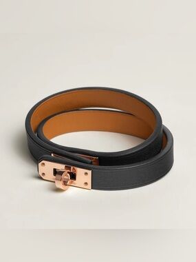 Hermès Kelly Double Tour Black Leather Bracelet with Rose Gold Hardware -T3